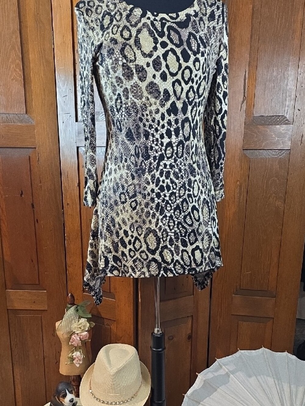 Cupio Black, Tan & Cream Animal Print Blouse with Asymmetrical Hem Line
